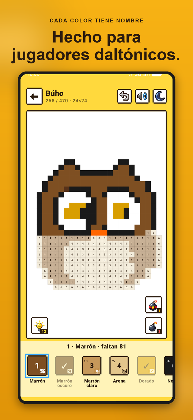 Pantalla de pintura de Color Pixels hecha para daltónicos: un búho por números, cada color con su nombre, Marrón, Marrón oscuro, Marrón claro, Arena, Dorado