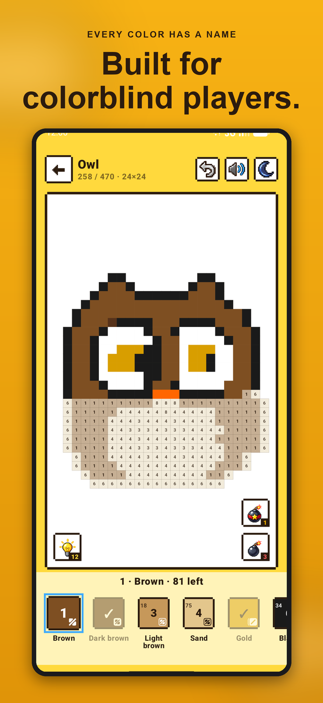 Color Pixels paint screen: an owl painted by number with every palette color labelled by name and a cells-left counter