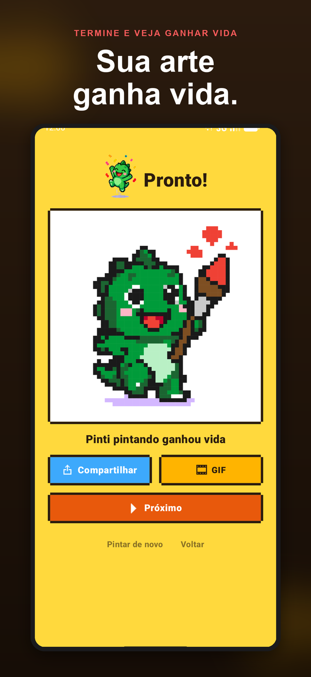 Tela Pronto! do Color Pixels: um sprite do Pinti terminado que ganhou vida, com os botões Compartilhar, GIF e Próximo