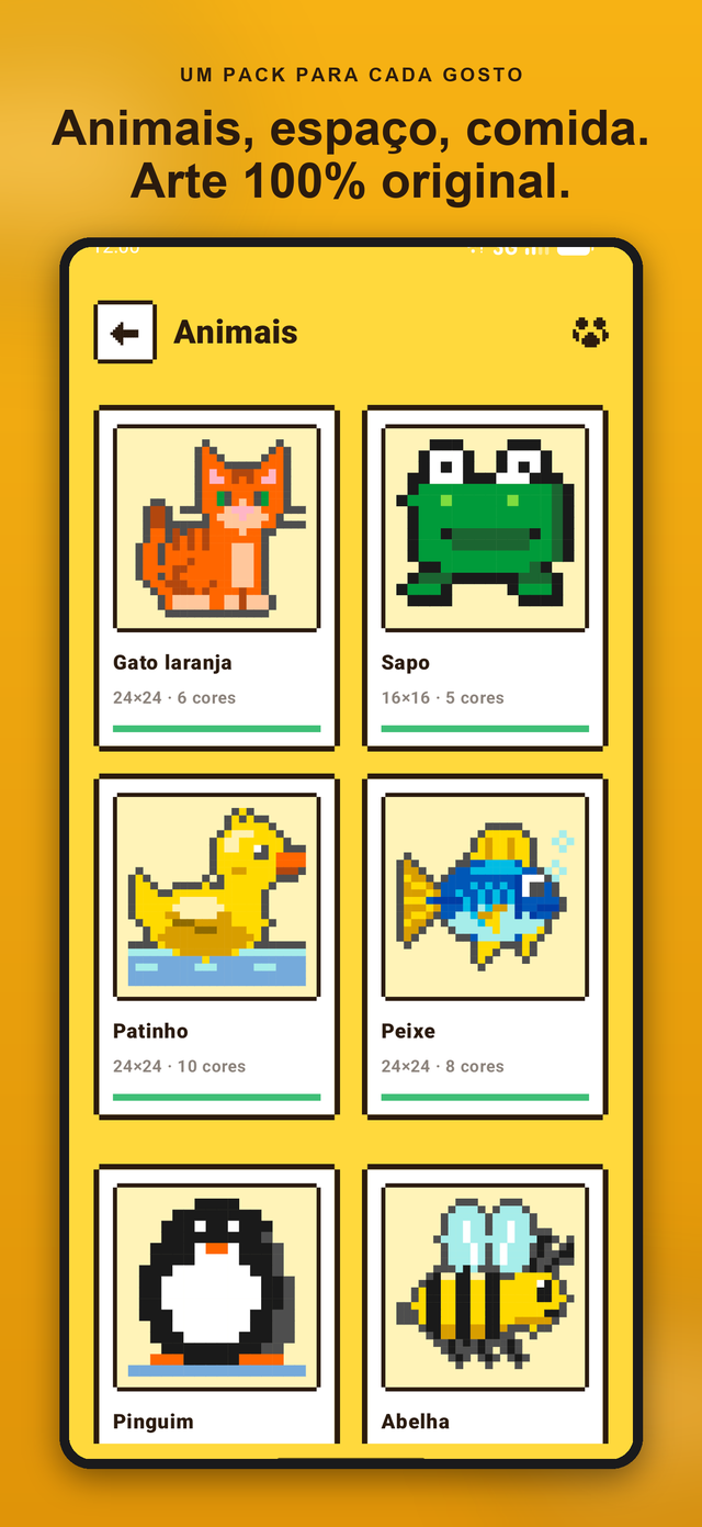 Pack Animais do Color Pixels: sprites de gato laranja, sapo, patinho, peixe, pinguim e abelha com tamanho da grade e número de cores