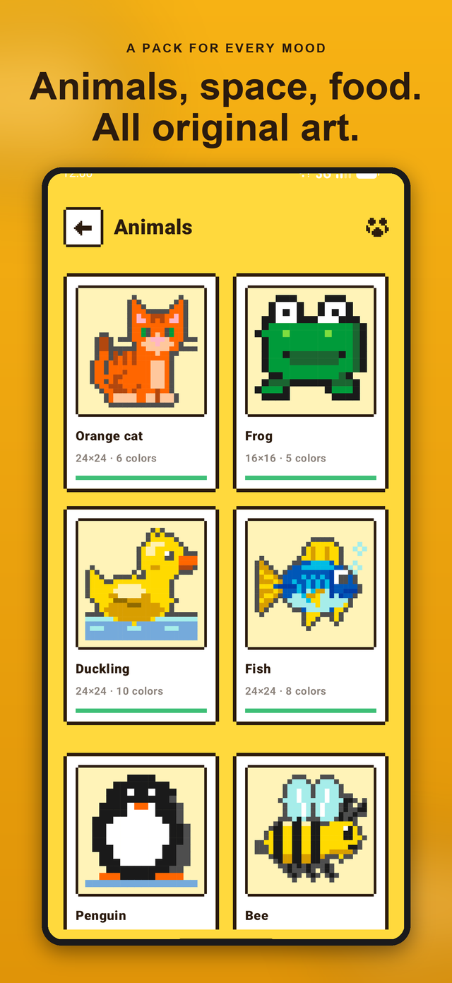 Color Pixels Animals pack: orange cat, frog, duckling, fish, penguin and bee sprites with grid size and color count