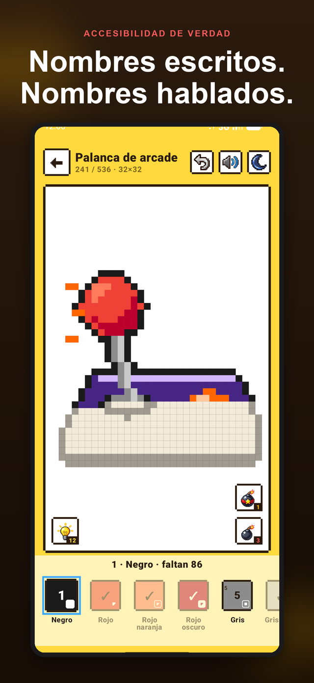 Color Pixels pintando una palanca arcade de 32 por 32 con paleta con nombres y un color de contorno oscuro seleccionado