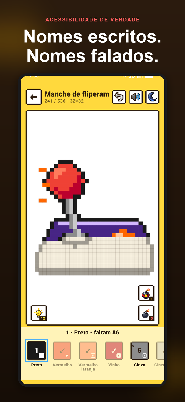 Color Pixels pintando um controle de fliperama 32 por 32 com paleta nomeada e uma cor de contorno escura selecionada