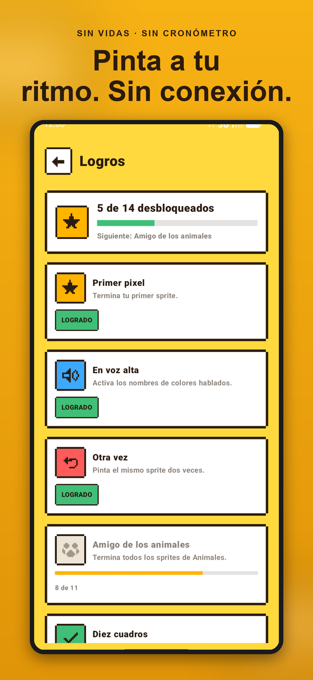 Pantalla de logros de Color Pixels con el titular Pinta a tu ritmo, sin conexión