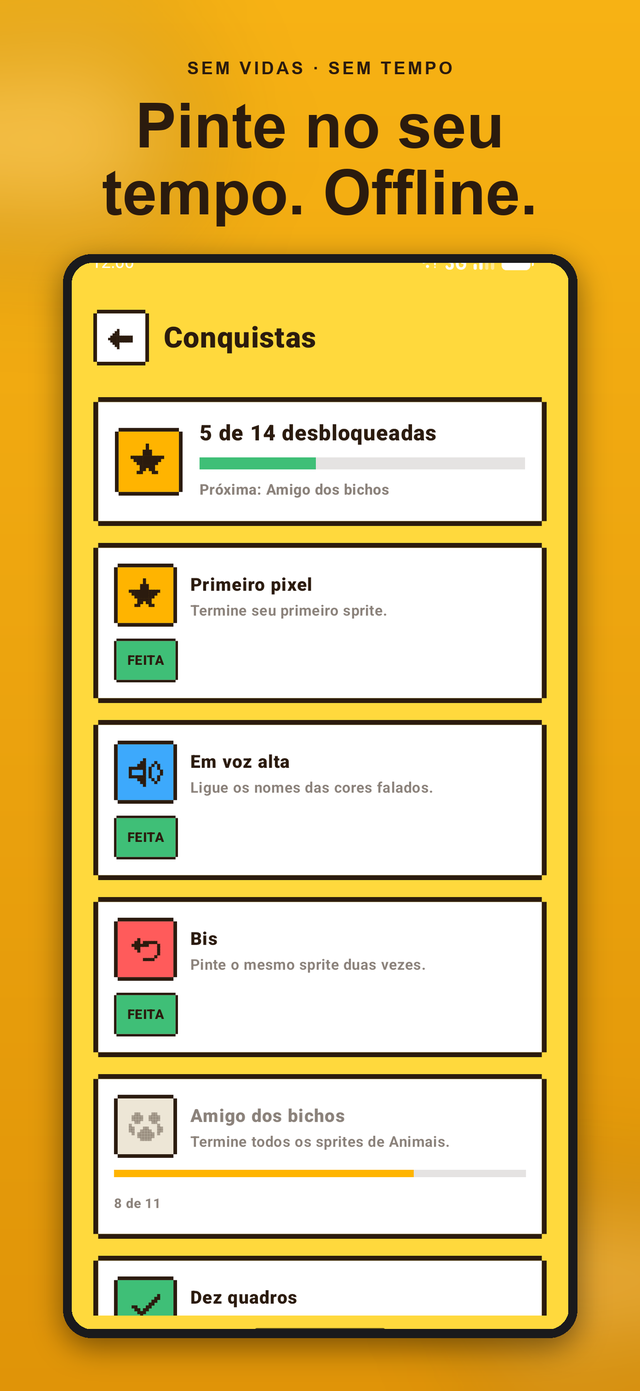 Tela de conquistas do Color Pixels: sem vidas, sem cronômetros, pinte no seu ritmo