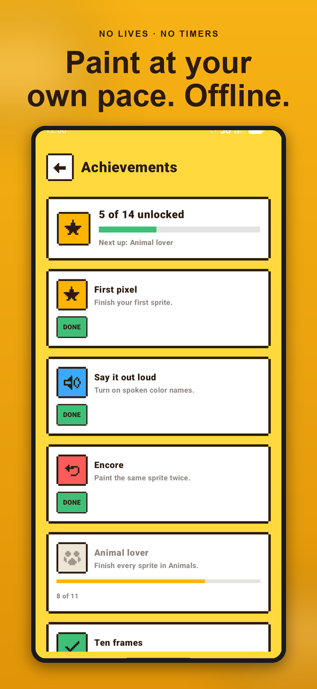 Color Pixels achievements screen with the headline Paint at your own pace, offline