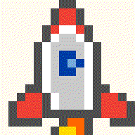 Foguete em pixel art animada do Color Pixels: a chama tremula entre dois quadros